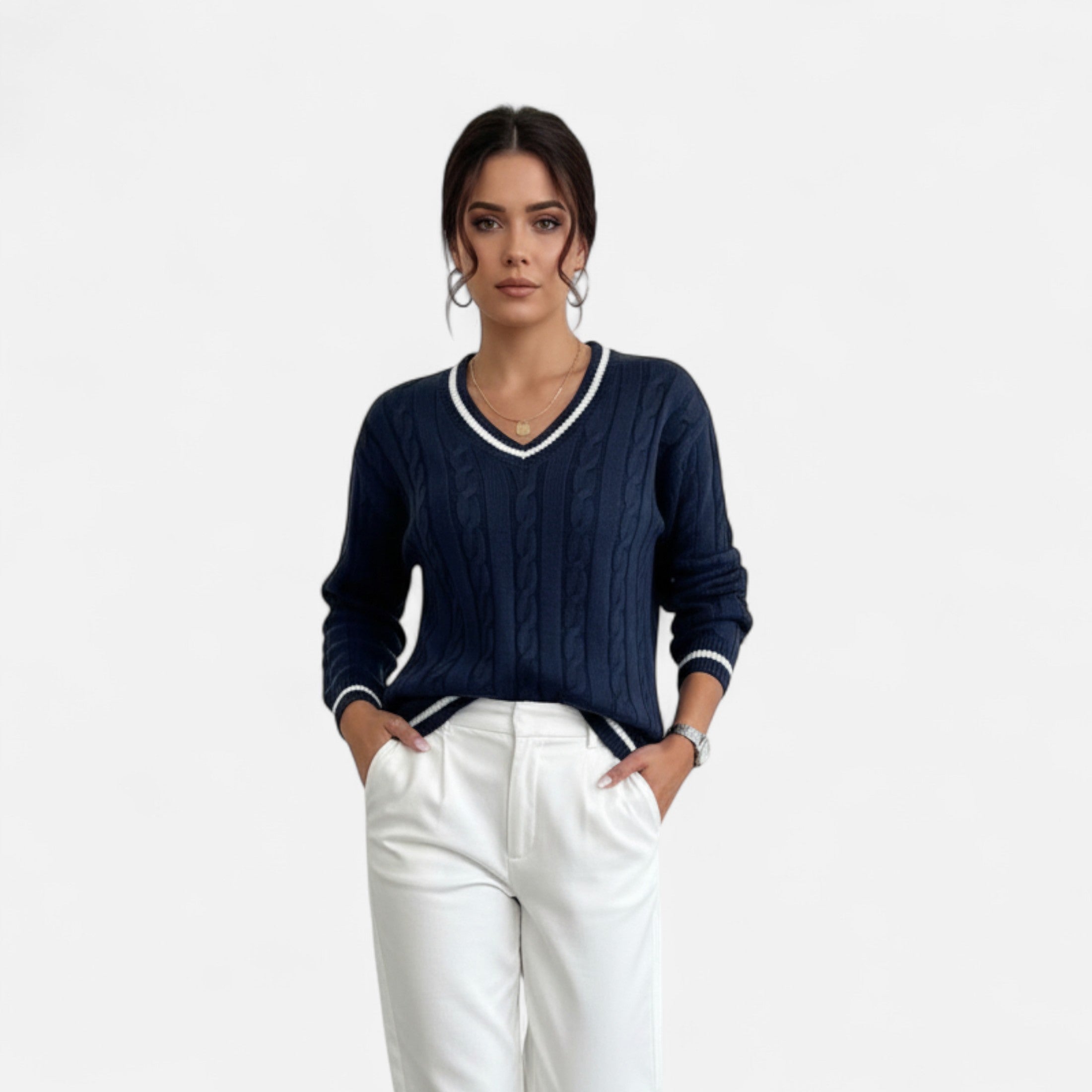 Women’s Cable Knit Sweater V-Neck Elegance