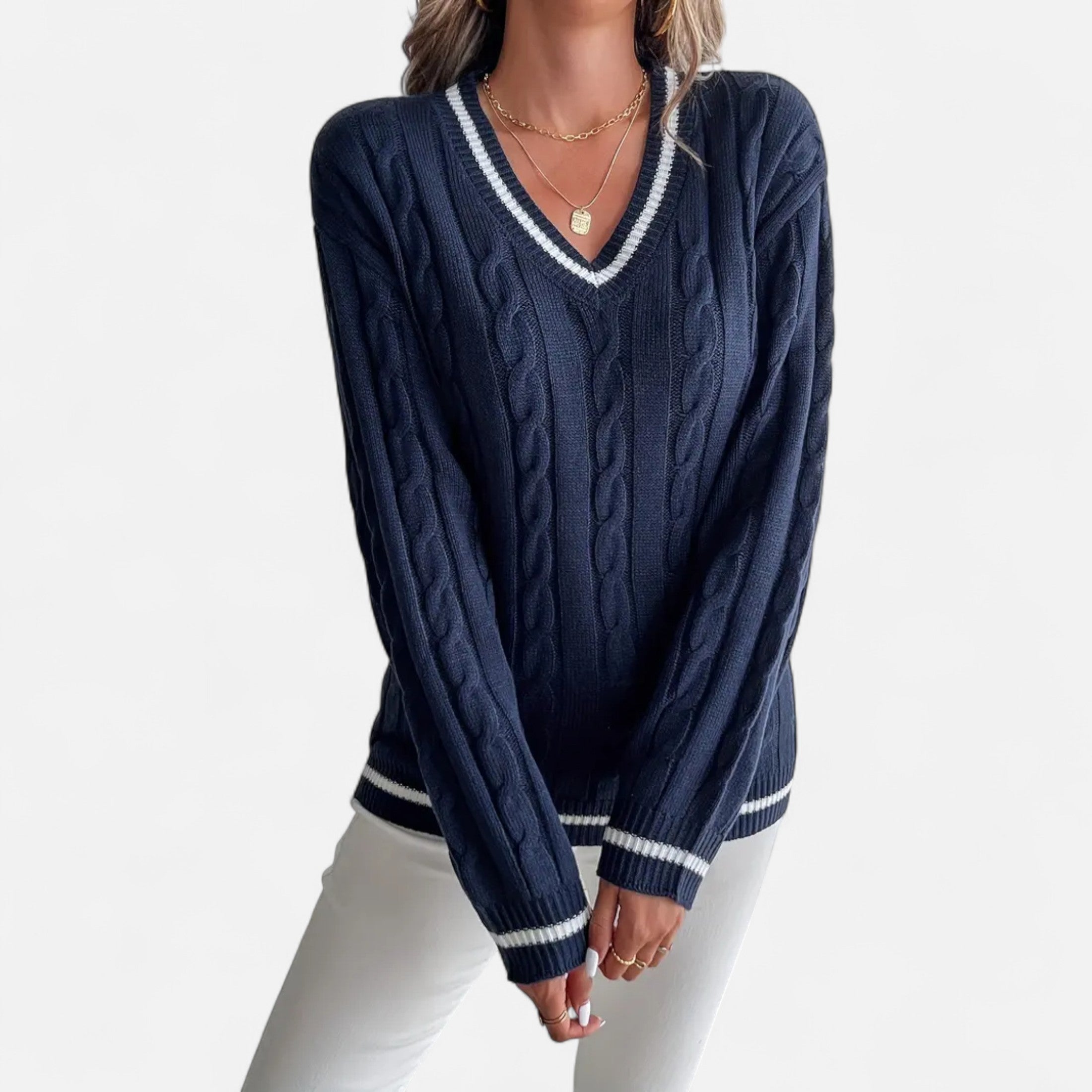 Women’s Cable Knit Sweater V-Neck Elegance