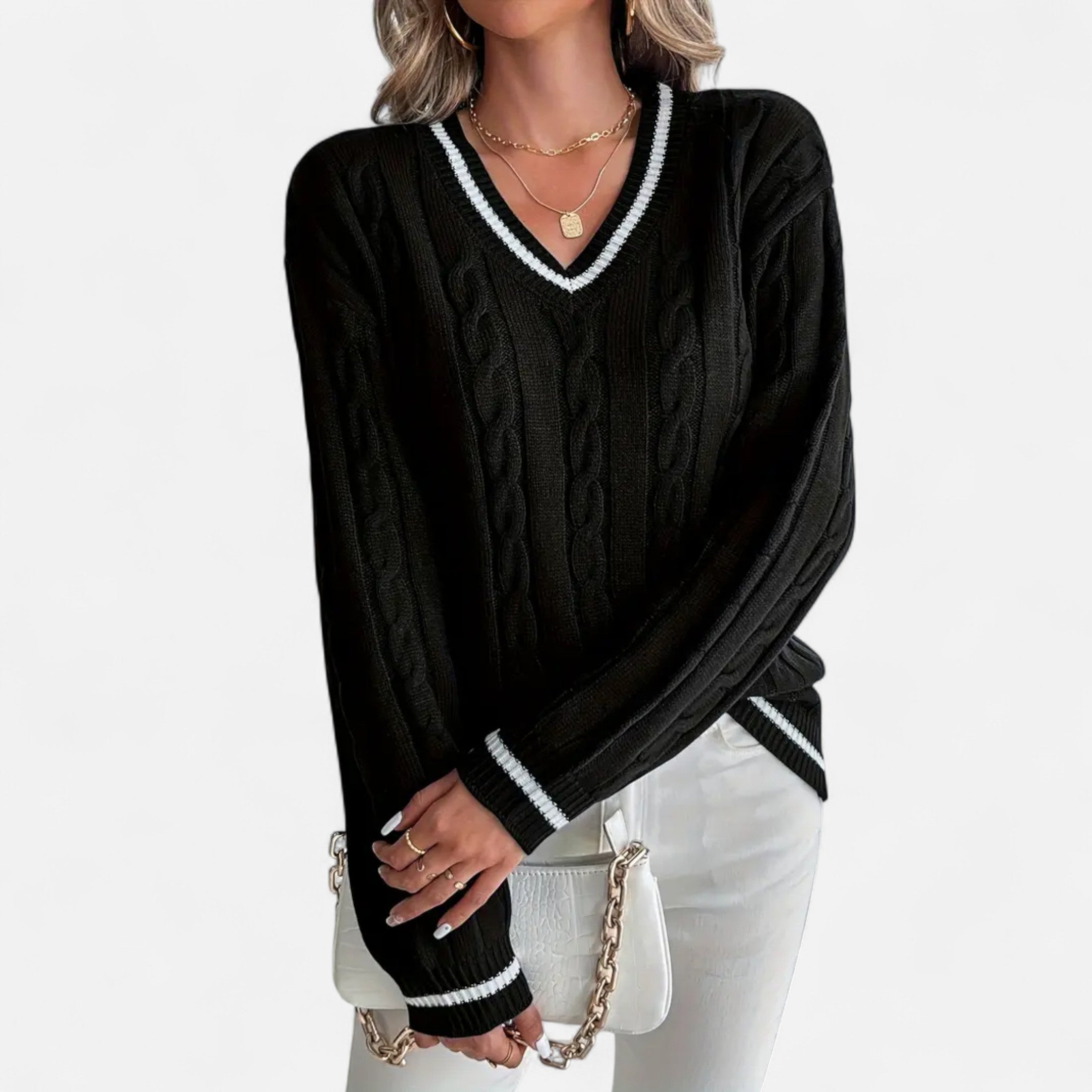 Women’s Cable Knit Sweater V-Neck Elegance